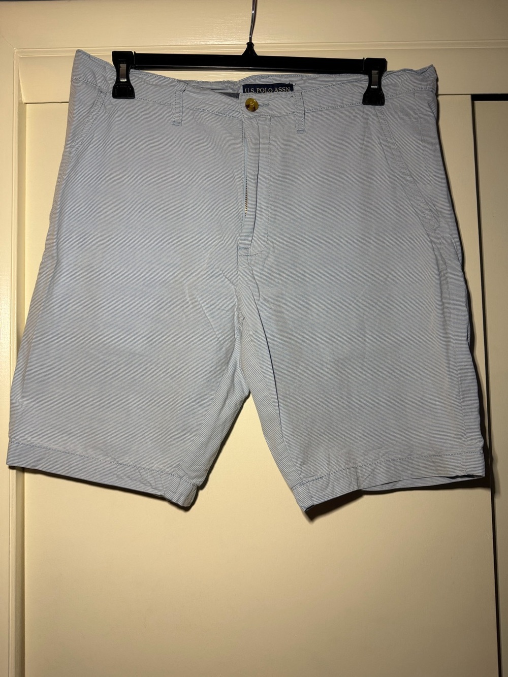 U.S. Polo Assn Men's Light Blue and White Striped Casual Shorts Flat Front Sz 36